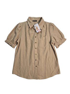 NWT | PrettyGarden Khaki Puff Short Sleeve Button-Down Blouse Medium